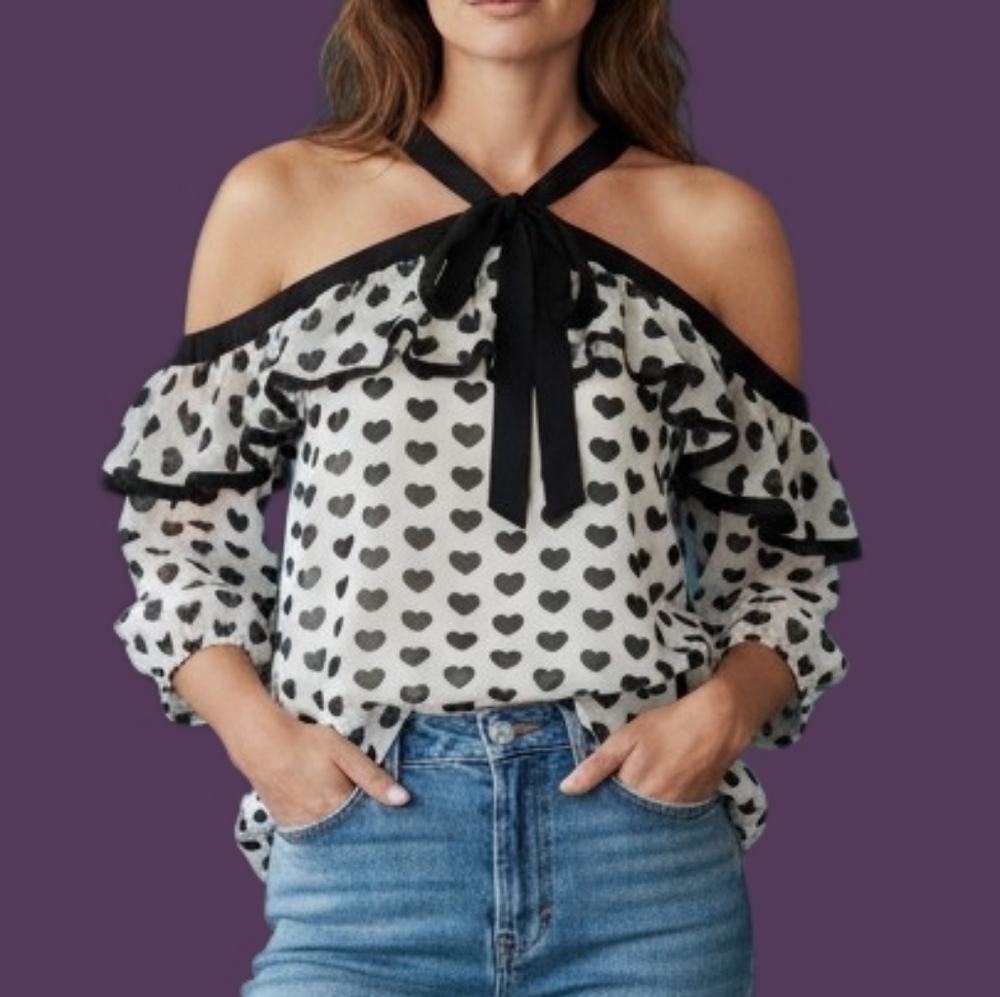 PAPAYA Hearts Ruffle Criss Cross Off-Shoulder Chiffon Valentine's Top